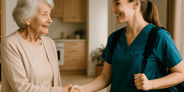 Freundliche Pflegekraft begrüßt lächelnde Seniorin mit Handschlag in einem wohnlichen Wohnzimmer – Symbolbild für die häusliche Betreuung